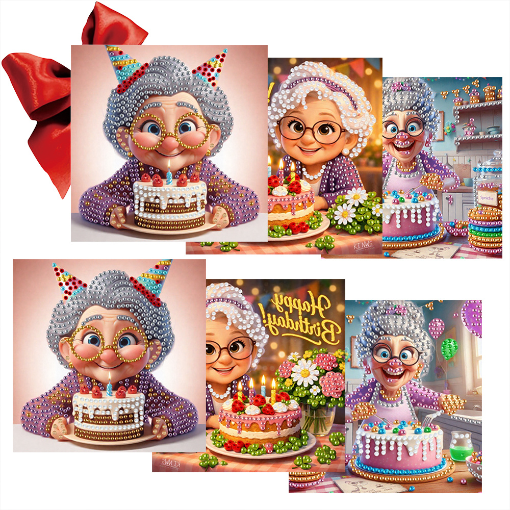 TEMU 6pcs Unique And Creative Cartoon Grandma Happy Birthday Party Theme Birthday Card, Design. Round Rhinestone Painting Back Print Card Craft Kit