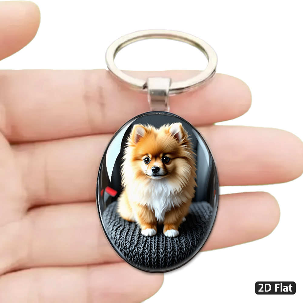 TEMU Plat 2D, 1 pièce Porte-clés Plat 2D de en verre avec Poméranien duveteux, Texture de compagnie mignonne et adorable, de transparent, Convient