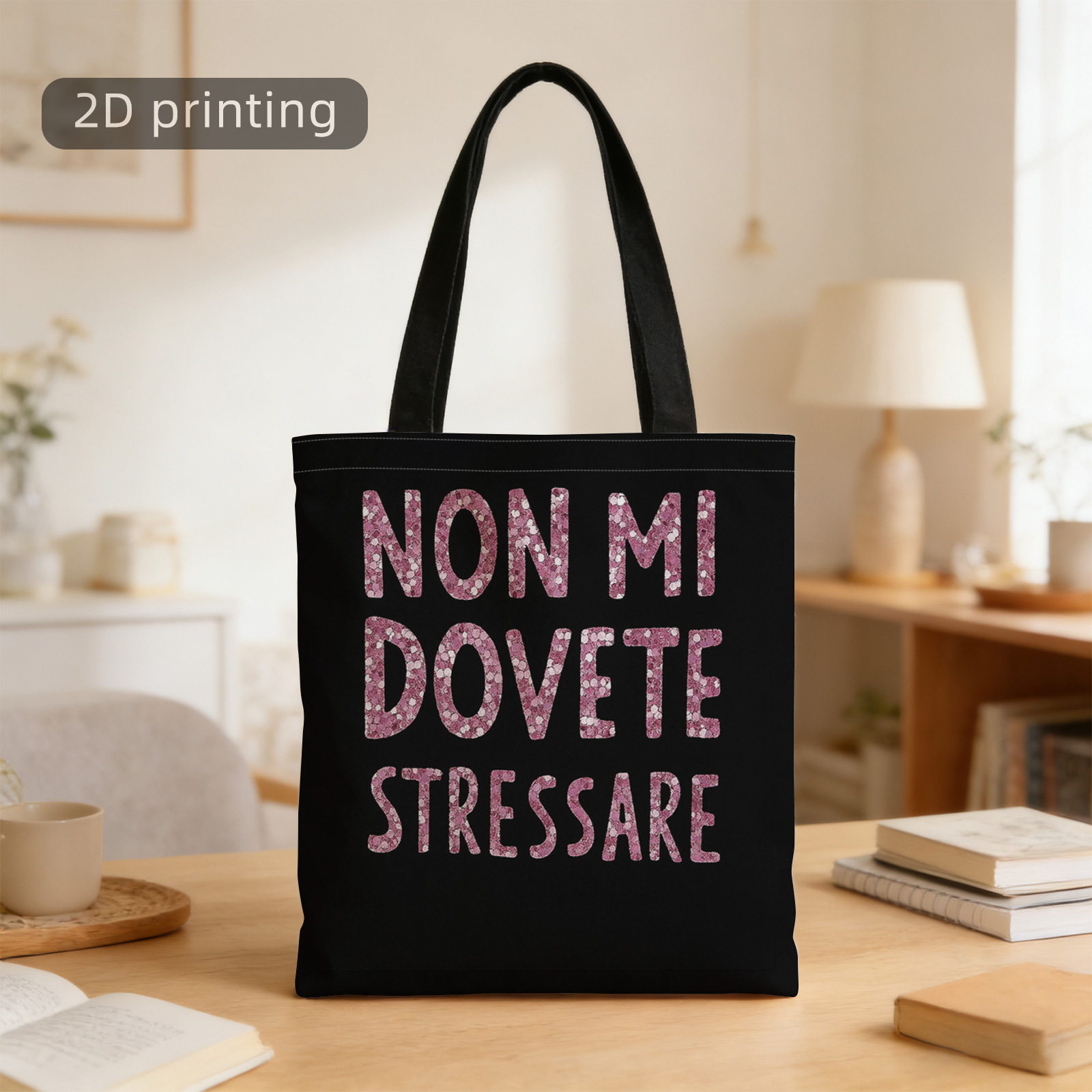 TEMU Borsa Tote Stampata 2D, Testo, Glitter Rosa, Non Stressarti, Sfondo , Italiana, Riutilizzabile, Elegante Borsa a Spalla, Borsa Tote, Borsa per ,