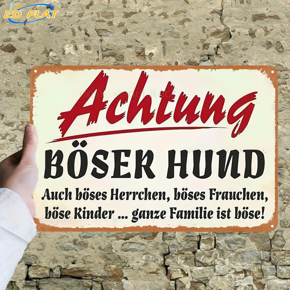 TEMU 2D Flach ., Achtung: Gefährlicher Hund. Auch schlechte Meister, schlechte Frauen, schlechte Kinder... Die ganze Familie ist schlecht!, Metall