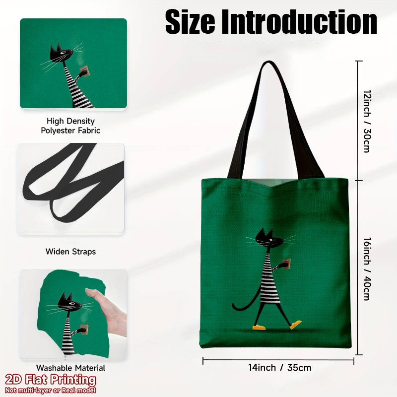 TEMU 1pc Foldable Large-capacity Handbag With Black Cat - Reusable Stylish Shoulder Bag Suitable For Travel, Work,, Shopping, Durable Polyester Tote