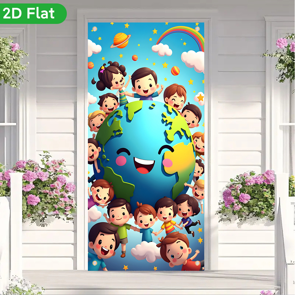 TEMU 2d Flat, 2d Flat - 2d Flat, 2d Flat - 1pc A 2d Flat Banner Door Curtain Featuring Children Surrounding , Made Of Printed Polyester. Ideal For