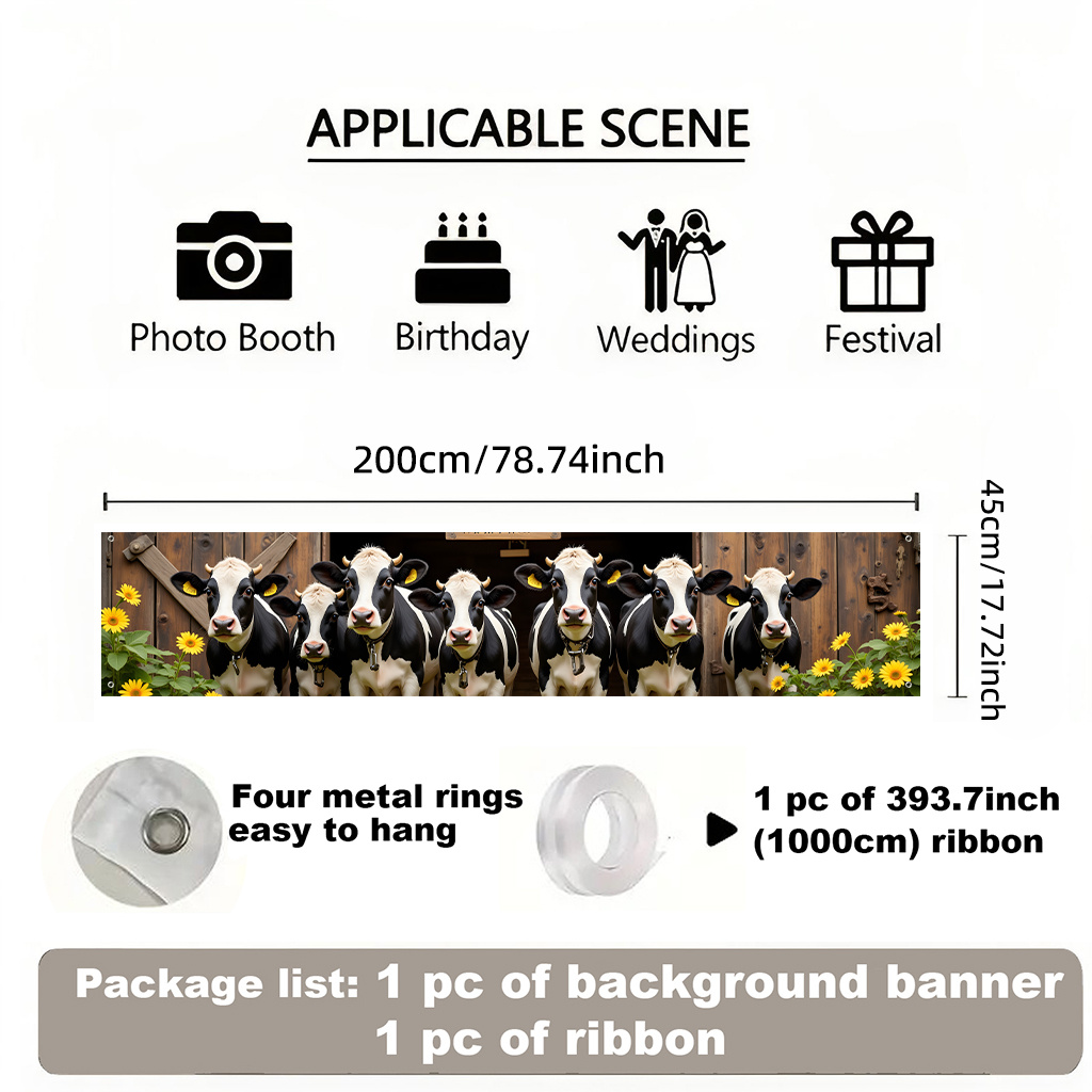 TEMU 2d Flat, 1pc Farm-themed Barn & Cows Backdrop Banner - Pastoral Suitable For Fence, Lawn, Photo Booth Decor, Indoor/outdoor Parties, Birthdays,