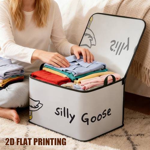 item picture 2d flat 1pc silly goose print lidded storage bins soft fabric versatile space saving organizer for closet bedroom ideal for books clothes s mother and bedding storage box 2d flat