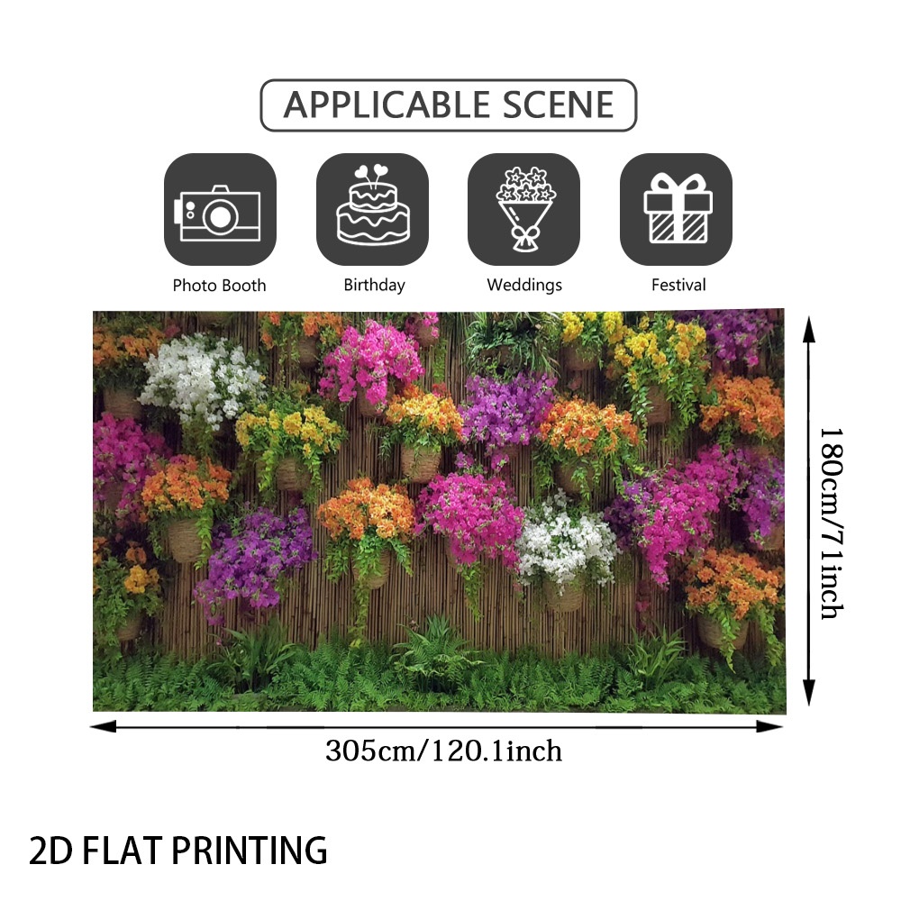 TEMU (2d Flat) 1pc Colorful Flowers On Bamboo Wall Garage Door Banner, , Polyester Fiber, Suitable For Decorative Fence, Balcony, Courtyard, Wedding,