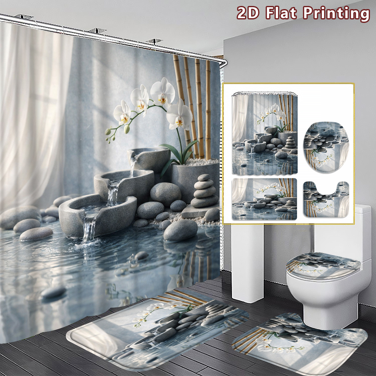 TEMU 2d Flat 4pcs Zen Garden Shower Curtain Set, Gray Stone And White Orchid Bathroom Decor, Accessories With Bath Mat, U - Shaped Mat, Toilet Lid