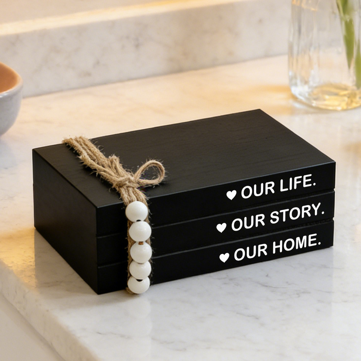 TEMU 1 Set Black Wooden Bookshelf Decor, Decorative Plaques & Ornaments, Rustic Books With Wooden Beads & Tassels, Ideal For Modern Home & Bathroom