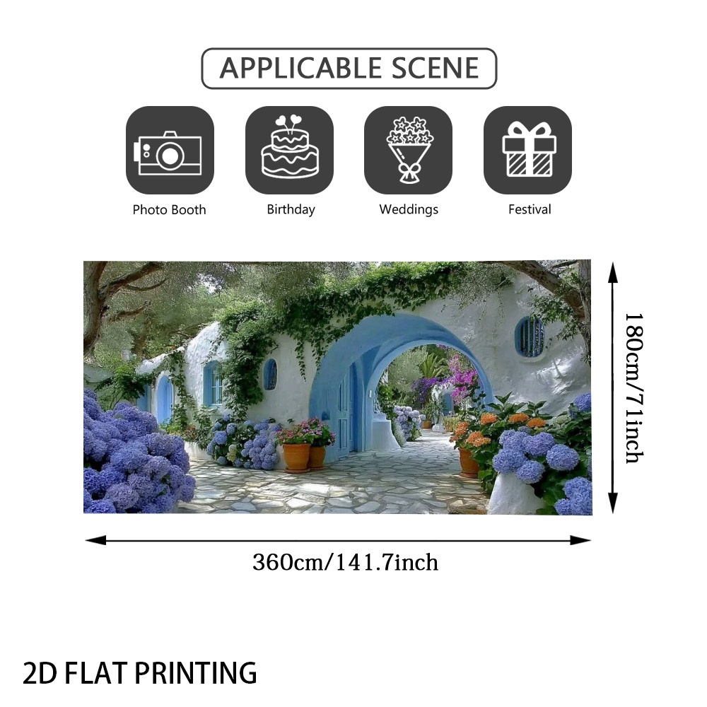 TEMU (2d Flat) 1pc Mediterranean Garden With Garage Door Banner, , Polyester Fiber, Suitable For Festival Parties, Backyards, Wind Shielding,