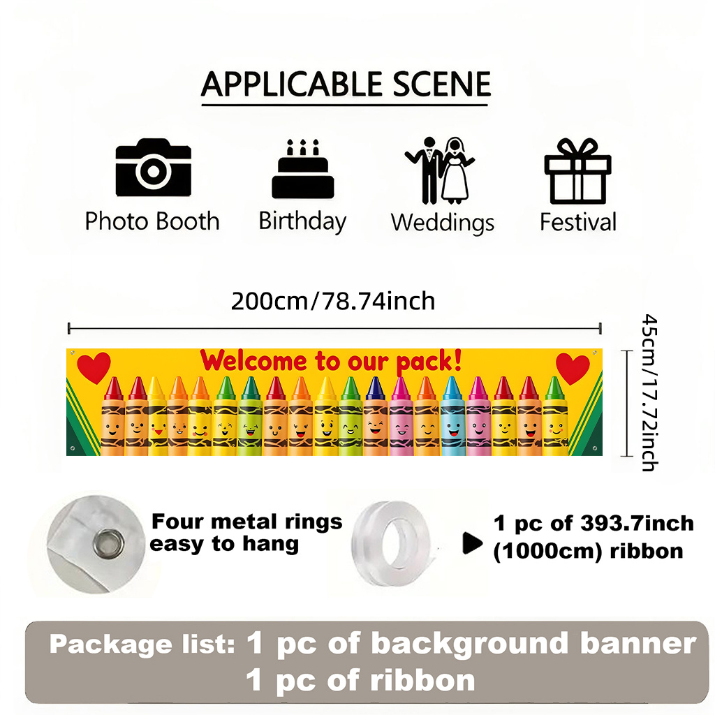 TEMU 2d Flat, 2d Flat Backdrop Banner 1pc, Crayons With Background Banner - Long Party Banner For Fence Lawn, Photo Booths, Indoor Outdoor Decor