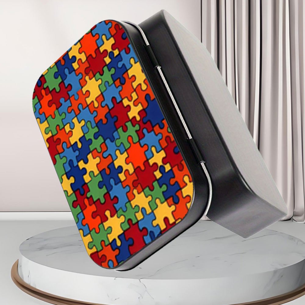 TEMU 1pc Square Metal Tin Box, Mini Decorative Box With Puzzle - Piece Pattern, Storage Case, Organizer, For Home Decor, Party Favors, Travel Use,