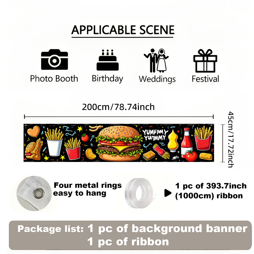 TEMU 2d Flat, 1pc Themed Burger Backdrop Banner - Suitable For Fence, Lawn, Photo Booths, Indoor/outdoor Decor With ,, No Power Needed, 17.7"x78.7"