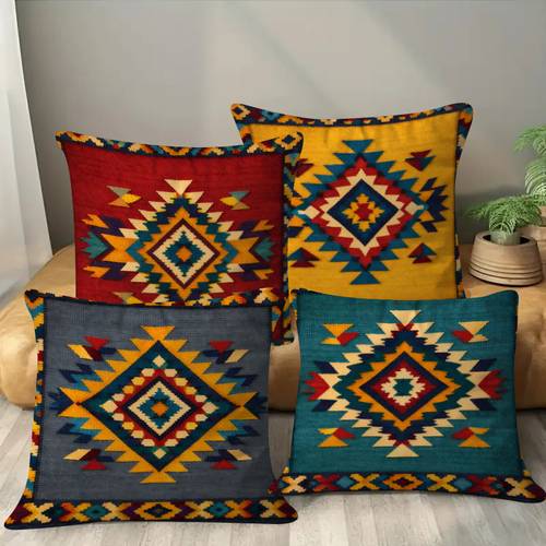 4pcs set 2d flat printing ethnic style geometric pattern pillowcases polyester material single sided print modern and fashionable decorative pillow covers suitable for sofas living rooms outdoor use and decorative purposes