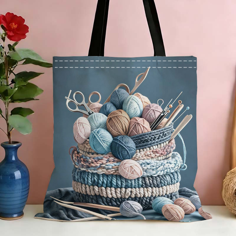 TEMU Morandi Color Yarn Knitting Printed Tote Bag - Shoulder Bag With Fixed Strap Design, Printed Tote Bag Large Capacity Handbag 2d Print
