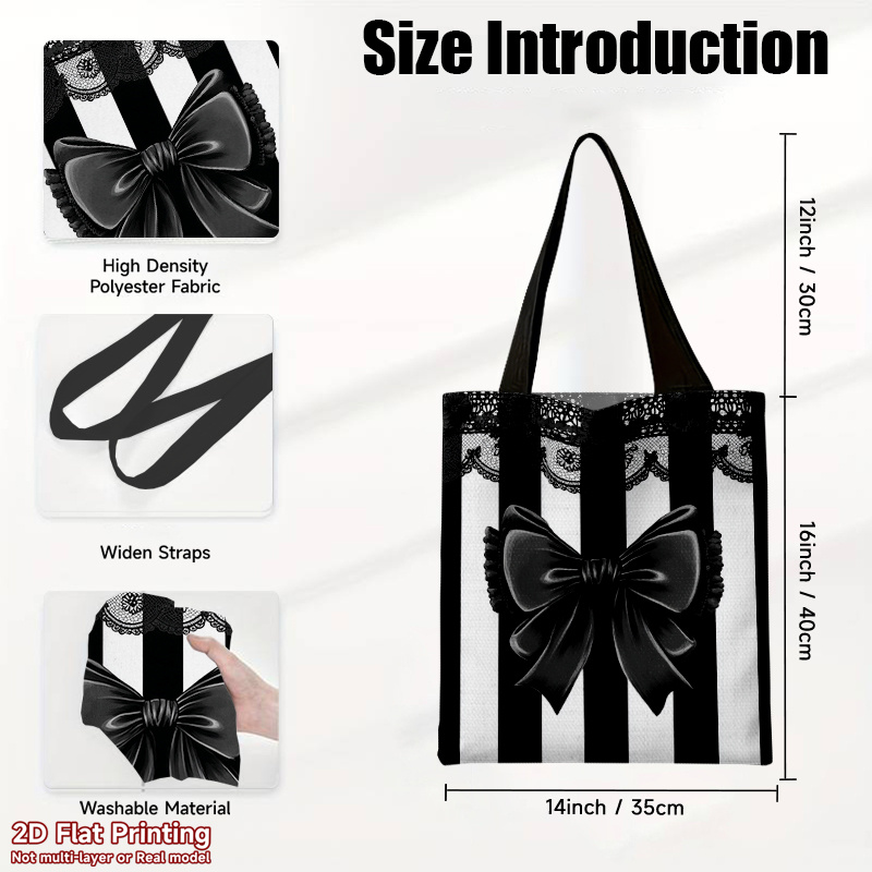 TEMU 1pc Large-capacity Foldable Handbag Suitable For &, Reusable Polyester Shoulder Bag With Black Bows & Striped Pattern, Durable Rectangular Tote
