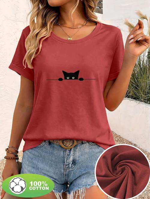100% μαύρο t-shirt με σχέδιο γάτας , κοντομάνικο, casual, με στρογγυλή λαιμόκοψη, ιδανικό για καθημερινές μετακινήσεις, νέα καλοκαιρινή εύκολη φαρδιά μπλούζα βασικού στυλ, διαθέσιμο σε μεγέθη s-xxl