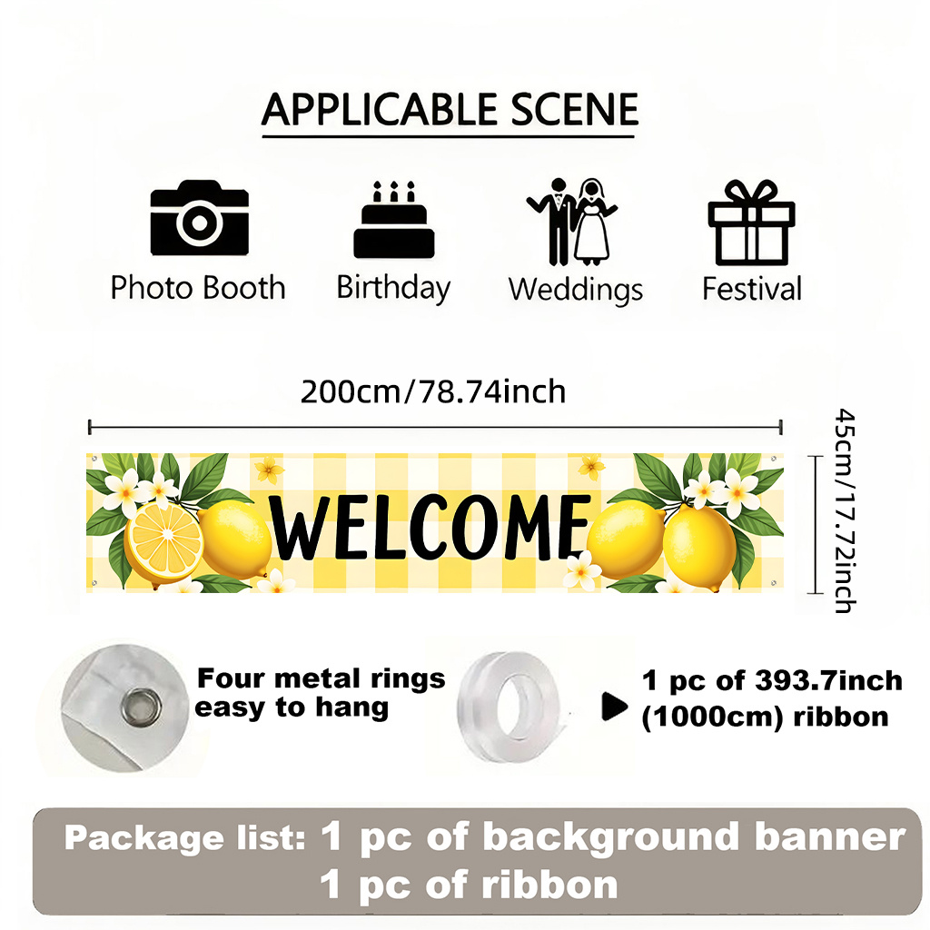 TEMU 2d Flat, 1pc Lemon-themed Welcome Backdrop Banner - Lemon & Lemon Design With Lettering Suitable For Fence, Lawn, Photo Booths, Indoor/outdoor
