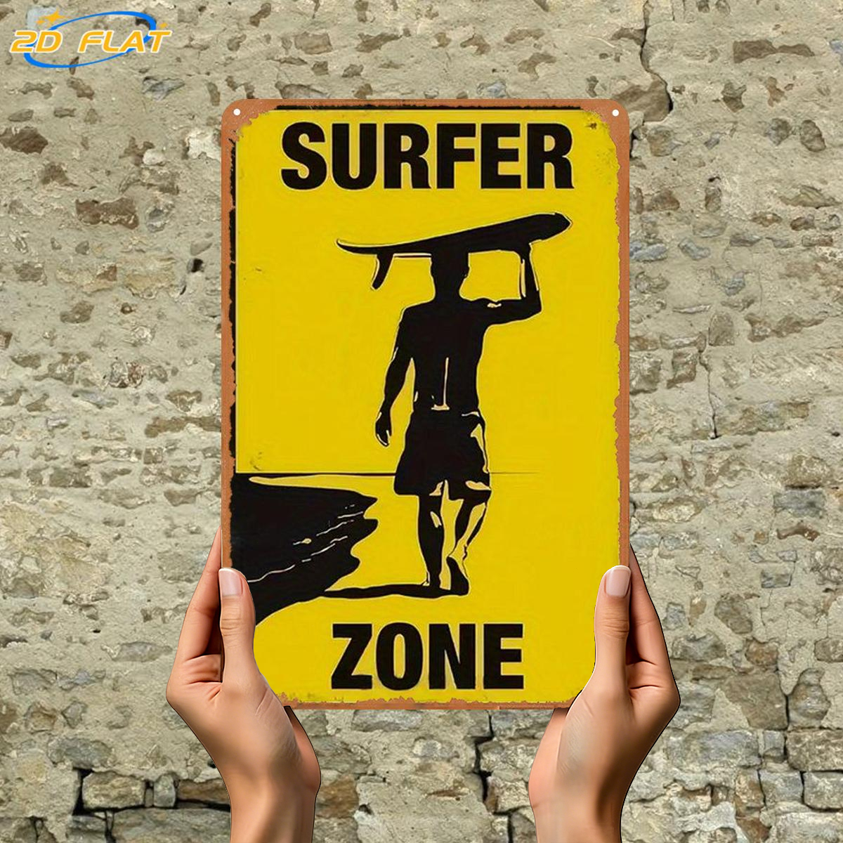 TEMU 2d Flat 1pc, Surfer Zone: A Silhouette Of A Surfer Carrying A Board On A Vibrant Yellow Background, Metal Lron Sign, Size(8