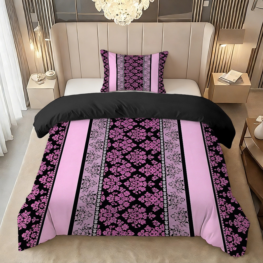 TEMU 2/3pcs 2d Flat Printing Pink And Black Floral Stripe Themed Duvet Cover Set, High-definition Bedding (1 Duvet Cover   1/2 Pillowcases), No