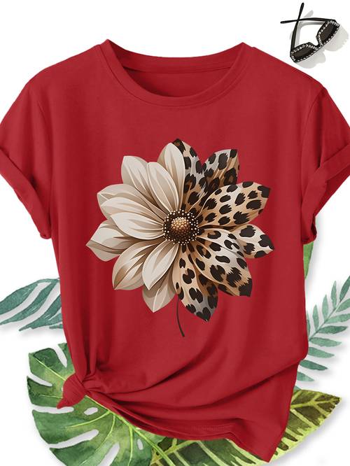 womens elegant size short sleeve half leopard print half solid dahlia pattern round neck comfortable soft breathable summer short sleeve gift fashion vacation daily versatile retro top
