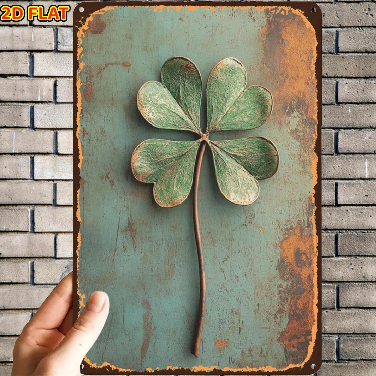 E-shop 2D Flach, 1 Stück, Vintage Vierblättriges Kleeblatt Dekoratives Kunst-Metallblechschild, Vorgebohrte Löcher, Geeignet für Innenbereich, Garten,
