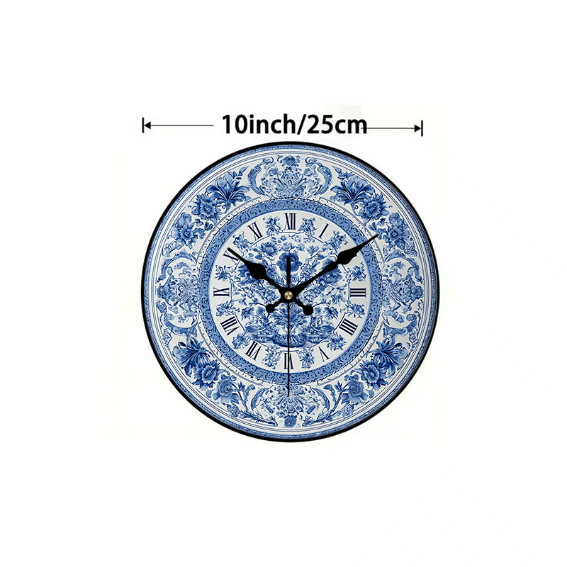 TEMU 2d Flat. 1pc, Vintage Roman Wooden Wall Clock, Blue Floral Pattern Decorative , Essential For Home Decor. Silent Round Clock, Perfect For