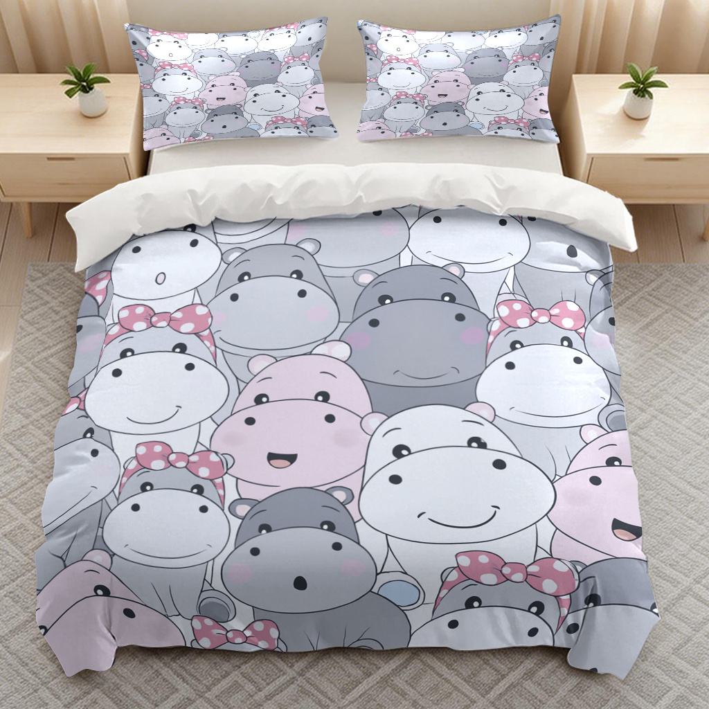 TEMU 2/3pcs Hippo Pattern Themed Bedding Duvet Cover Quilt Cover, Trendy Soft Bedding (1*duvet Cover And 1/2*pillowcases) With Zipper Closure For