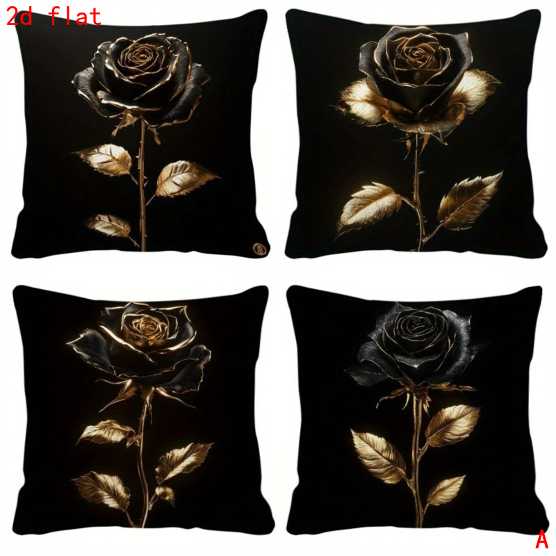 TEMU 4pcs Set, 2d Flat Printing, Black And Golden Rose Pattern Pillowcases, Polyester Material, Modern And Stylish Decorative Pillow Covers, Suitable