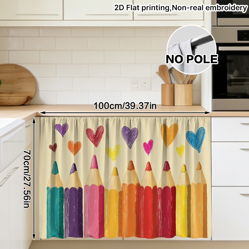 TEMU Plat 2D, 1 pièce Panneau de Rideau de Fenêtre Crayon & Cœurs - à Passe-Tringle Semi-Transparente Adaptée pour Cuisine, Décoration de Pièce,