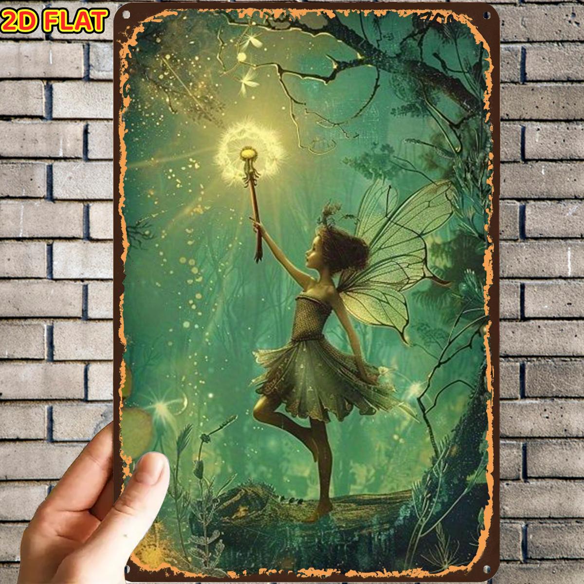 TEMU 2d Flat, 1pc, Fairy With Dandelion Wand In Tin Sign, Pre-drilled Holes, Suitable For Indoor, Garden, Outdoor, Home, Office, Toilet Decoration
