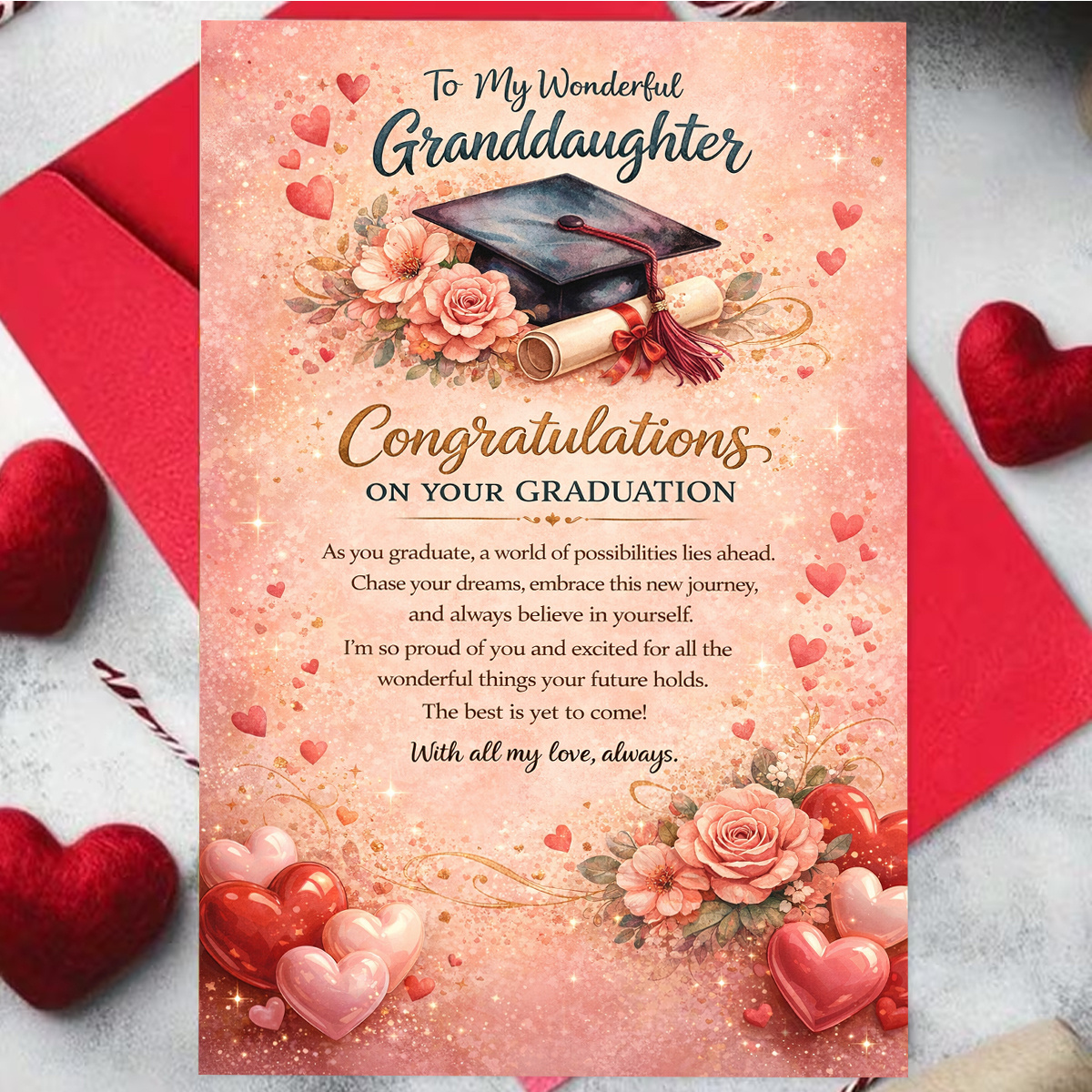 TEMU 1pc Elegant Graduation Greeting Card, Featuring A Mortarboard, Roses, And Hearts With "congratulations On Your Graduation." Suitable For A