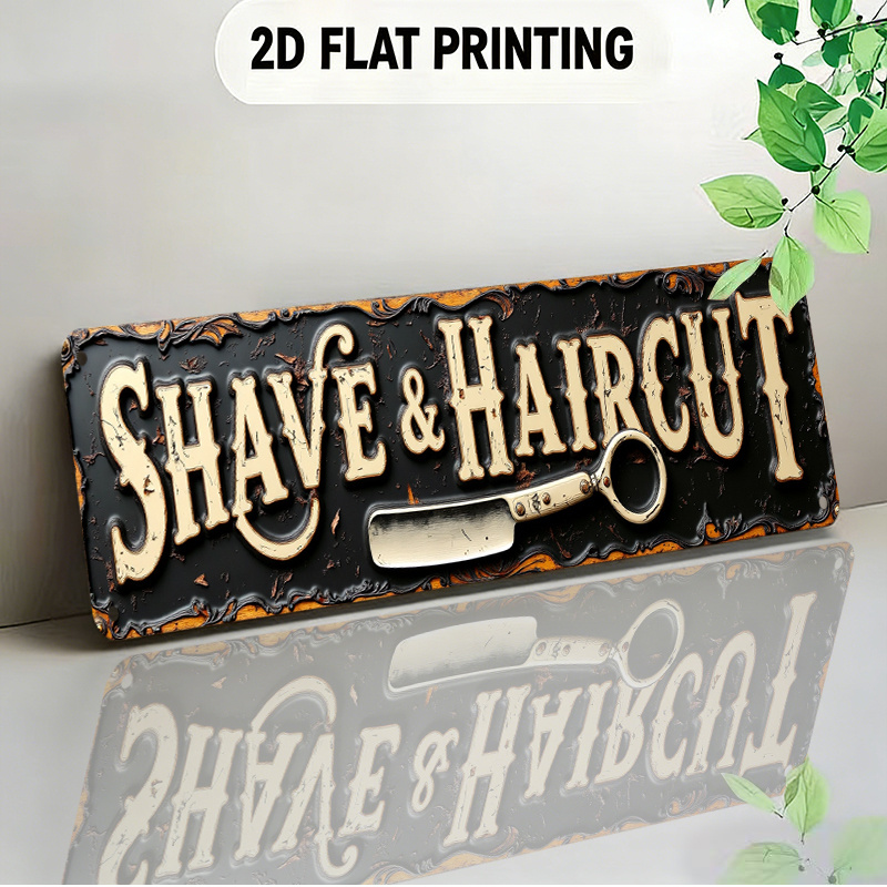 TEMU 2d Flat, 2d Flat Design Rustic Signboard European-style Decorative Item Featuring Vintage Straight Razor And Lettering Suitable For Barbershops