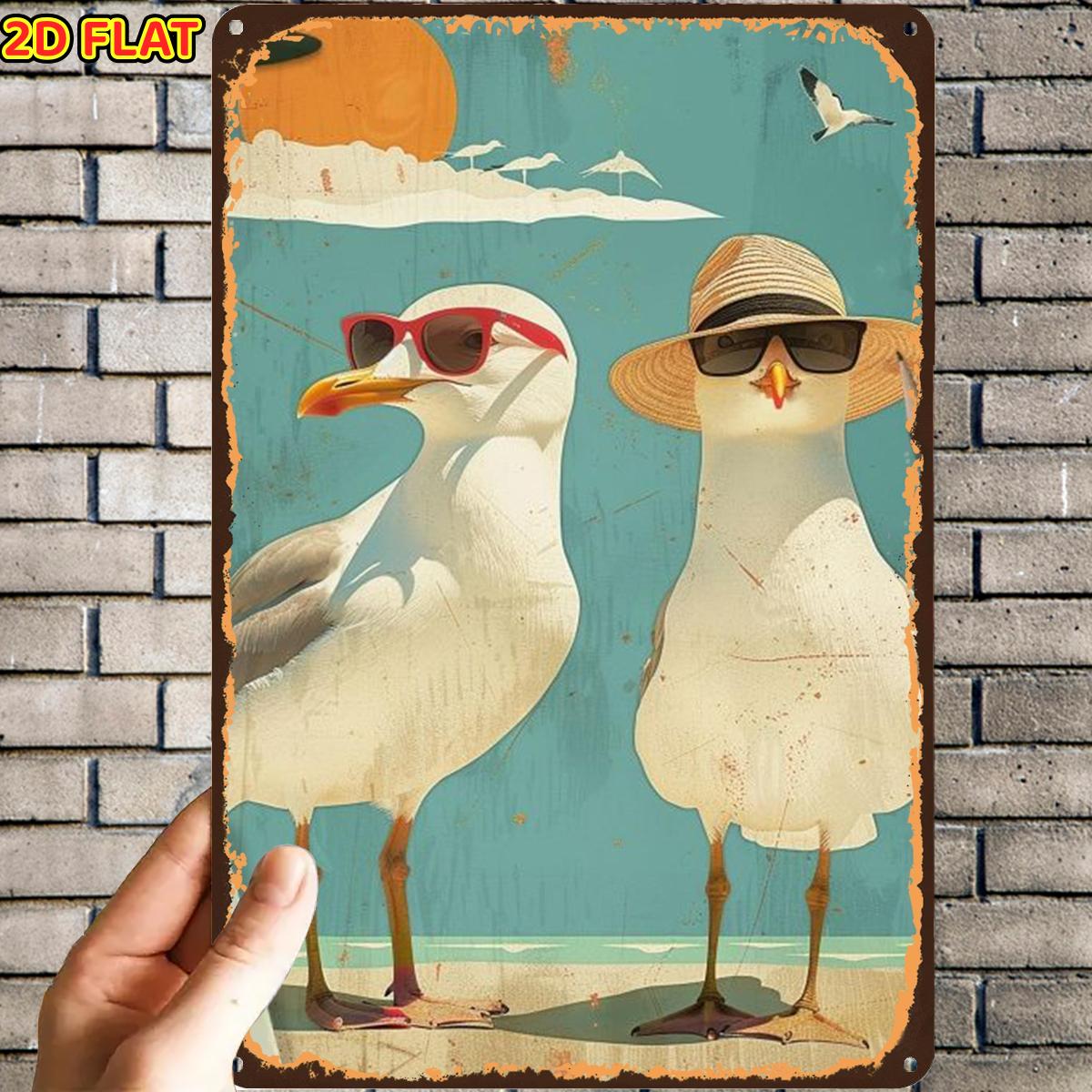 Image of 2d Flat, 2d Flat,1pc,seagull Beach Vacation Metal Signmetal Tin Sign, Pre-drilled Holes, Suitable For Indoor, Garden,outdoor, Home, Office, Toilet Decoration, 2d Flat