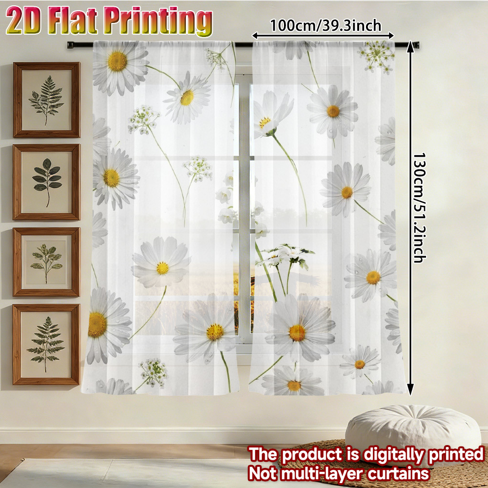 TEMU 2d Flat - 2d Flat - 2d Flat Printing, 2pcs Summer Daisy Sheer Curtain Semi-transparent Privacy Gauze, Polyester Chiffon, (rod Not Included)