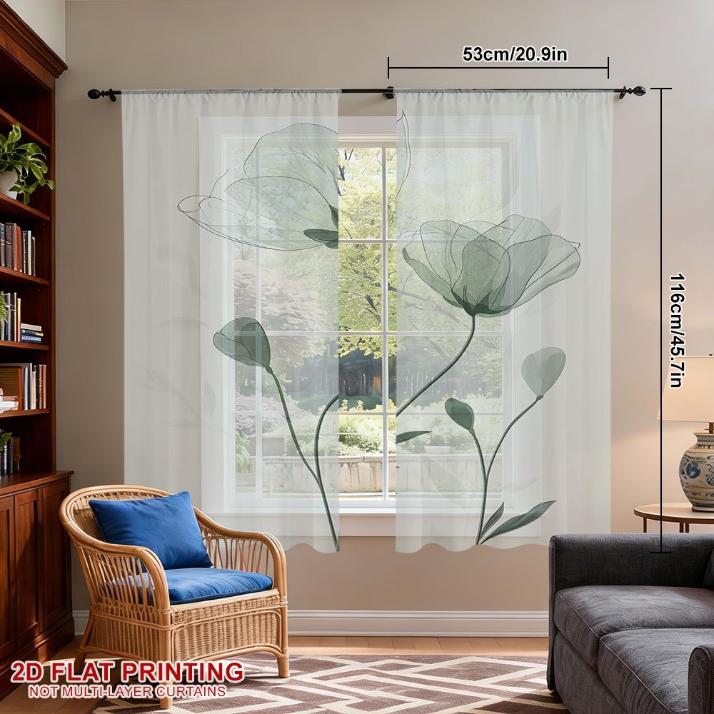 TEMU 2pcs Elegant Green Blossoms Sheer Curtains, Exquisite Home Decoration, Romantic And Gentle Ambiance, Embellishment, Suitable For Kitchen, Coffee