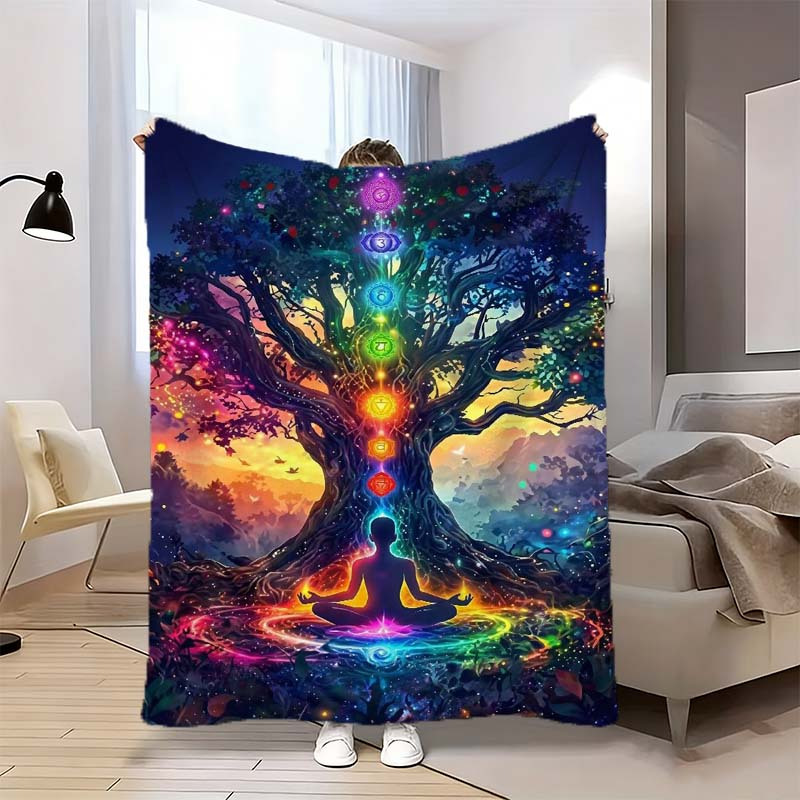 TEMU 1pc Chakra Tree Growth Symbol Printed Flannel Blanket, Flannel Blanket, Lightweight And Easy To Hang, Wrinkle And Tear Resistant, Durable And