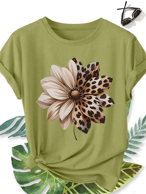 womens elegant size short sleeve half leopard print half solid dahlia pattern round neck comfortable soft breathable summer short sleeve gift fashion vacation daily versatile retro top