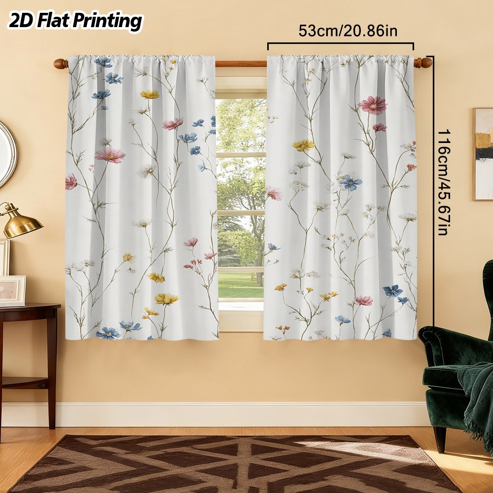 TEMU 2d Flat - 2d Flat - 2pcs 2d Flat Spring Delicate Wildflowers Floral Printed Curtain – Rod Pocket Window For Bedroom, Office, Kitchen, Living