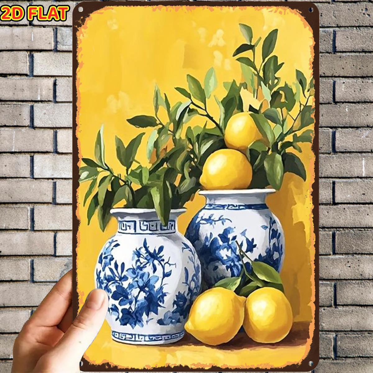 TEMU 2d Flat, 2d Flat,1pc,blue And White Vase With Lemons Still Lifemetal Tin Sign, Pre-drilled Holes, Suitable For Indoor, Garden,outdoor, Home,