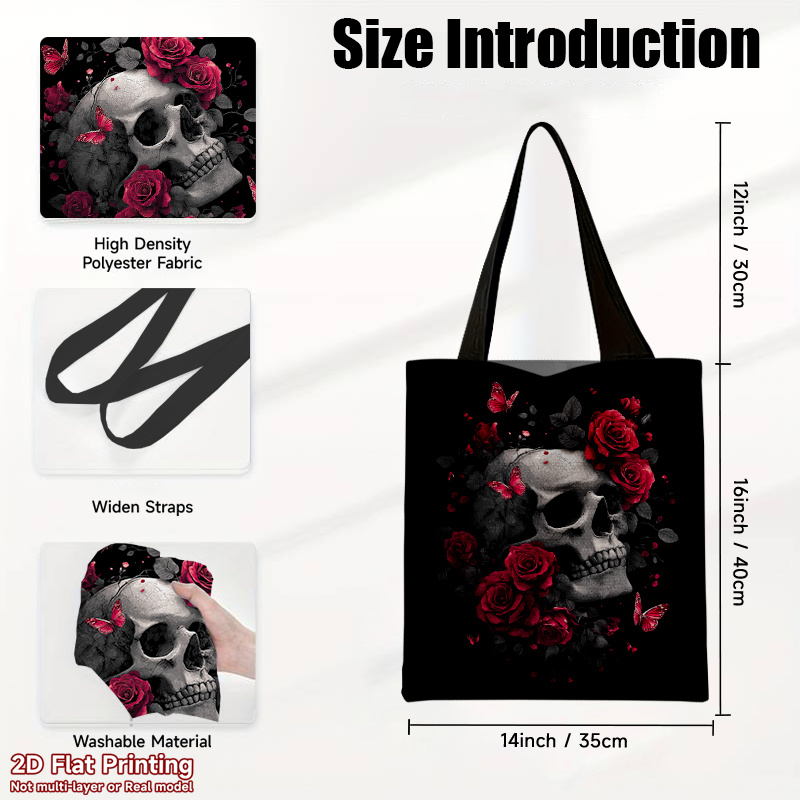 TEMU 1pc Women's Gothic Tote Bag With Red Roses & Print - Square Shoulder Bag Suitable For Books, Groceries,, | Hot Transfer | Hot Transfer Printing