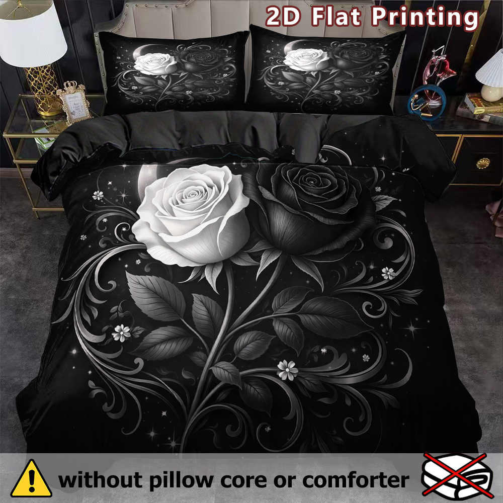 TEMU 3pcs 2d Flat Black White Roses Duvet Cover Set, Floral Print, Romantic Theme, Breathable Polyester, , Machine Washable, , No Insert For Bedding