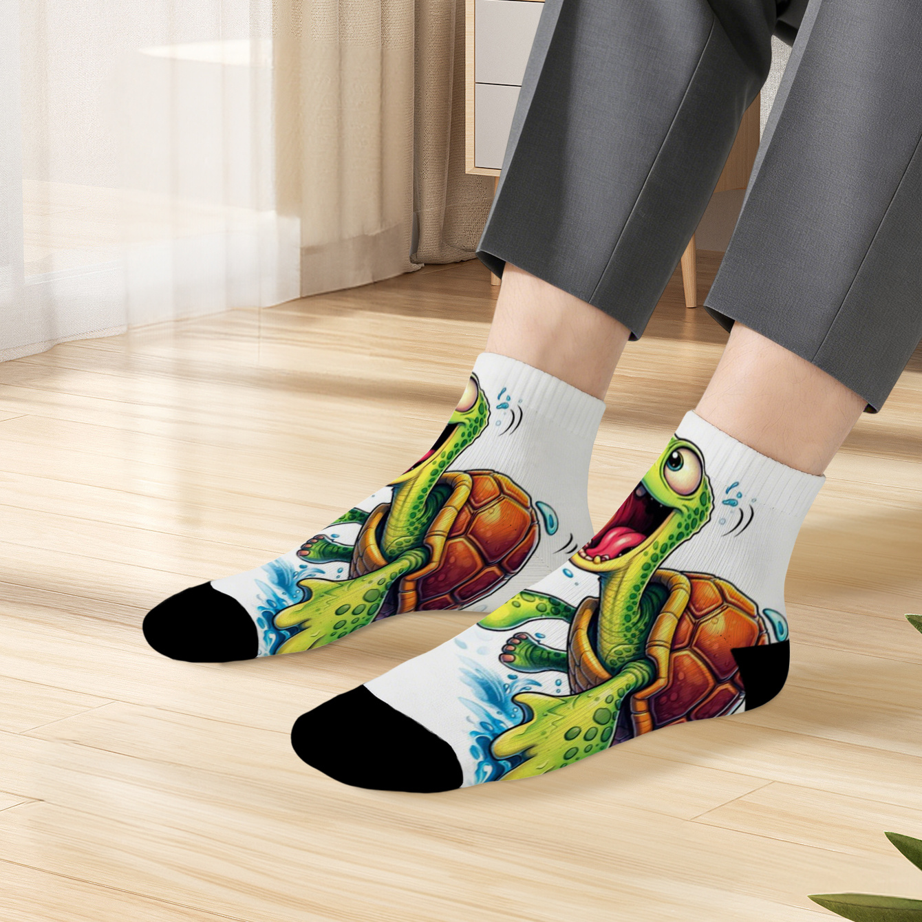 TEMU 1 Pair Fun Printed Socks, Open-mouthed Turtle Swimming In Water, Premium Women's Socks, Men's Comfortable Trendy Socks, Casual Outfit Fun Short