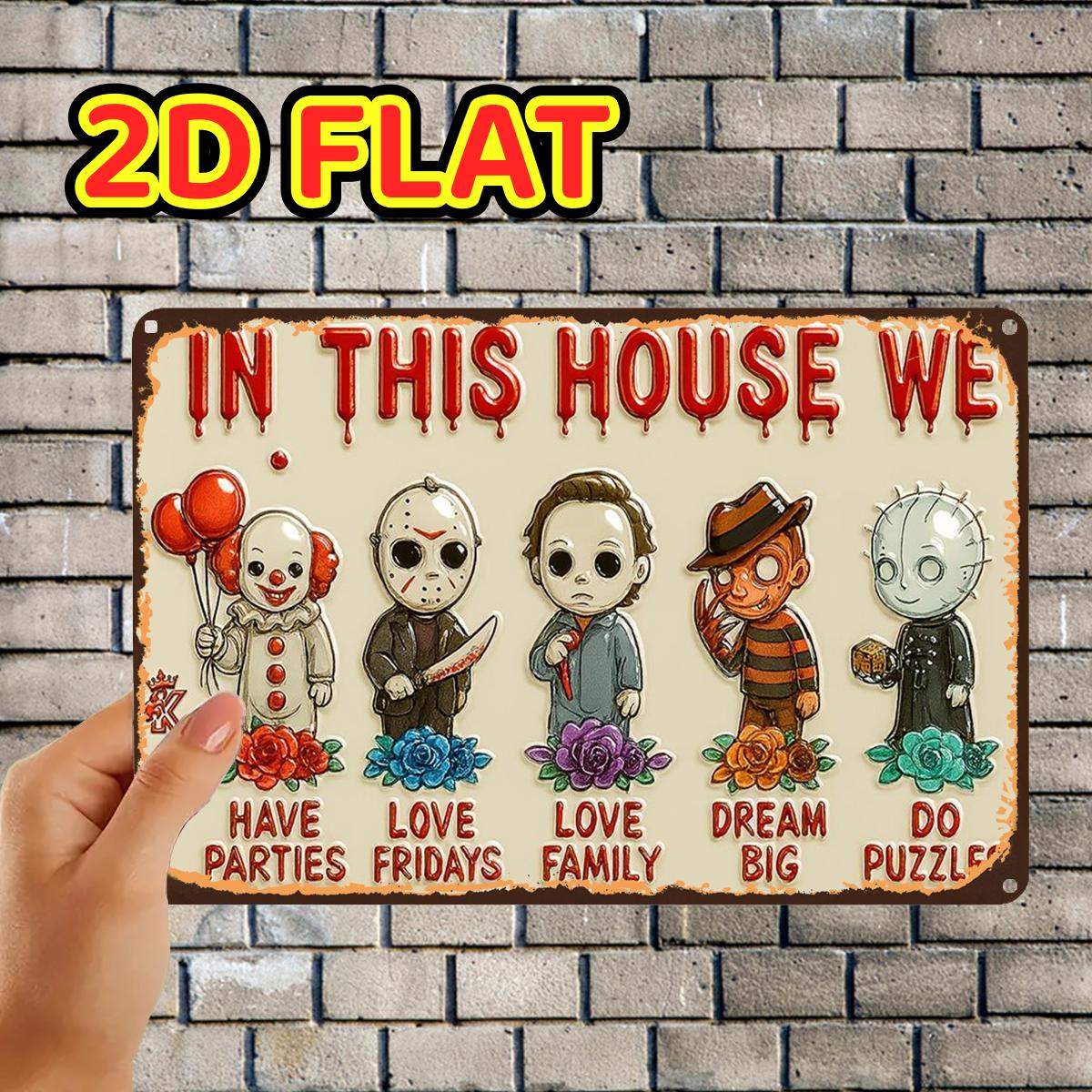 TEMU 2d Flat, 2d Flat,1pc,horror Icons House Sign Tin Sign, Pre-drilled Holes, Suitable For Indoor, Garden,outdoor, Home, Office, Toilet Decoration,