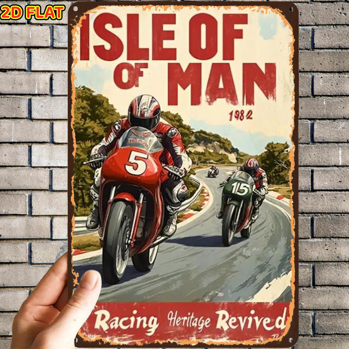 E-shop 2D Flach, 1 Stück, Man Racing Vintage Poster Metall Blechschild, Vorgebohrte Löcher, Geeignet für Innen, Garten, Außenbereich, Zuhause, Büro,