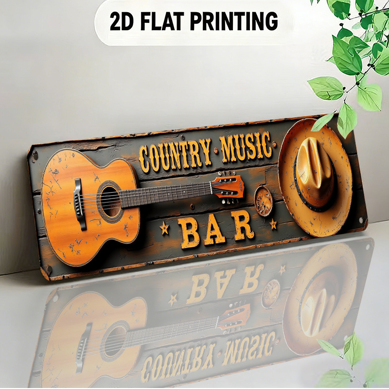 TEMU 2d Flat - Rustic 2d Flat Design Signboard Featuring A Guitar Cowboy Hat And Country Music Theme Suitable For Bars Restaurants Living And