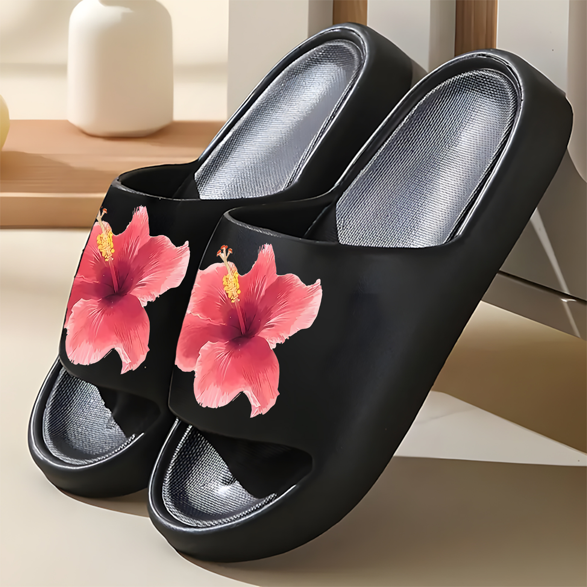 TEMU Une paire de pantoufles, design unisexe, fleur d'hibiscus rose vif, pantoufles d'été en EVA, adaptées à une utilisation intérieure/extérieure,