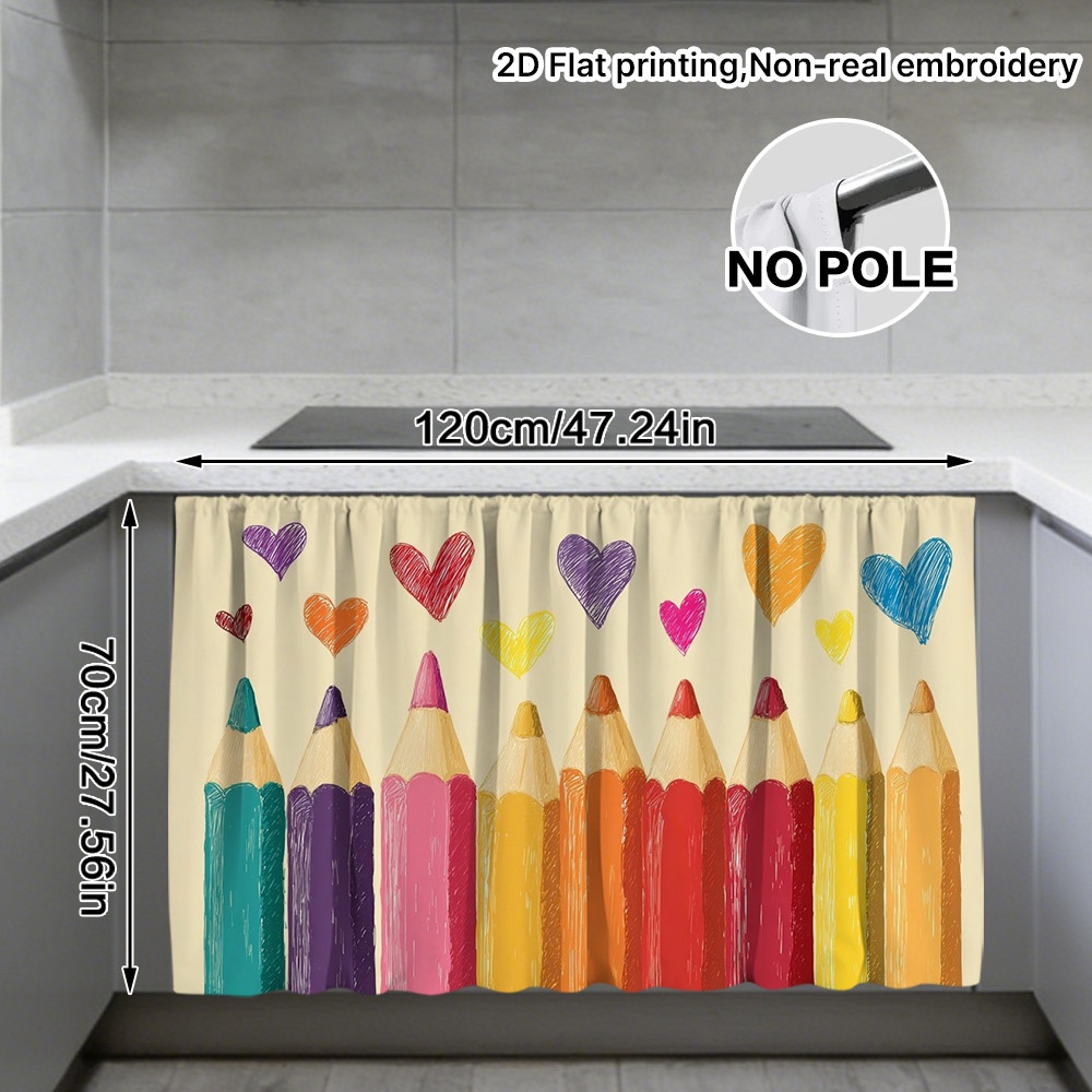 TEMU 2d Flat, 1pc 1pcs Pencil & Hearts Window Curtain Panel - Semi-sheer Rod Suitable For Kitchen,, Room Decor, Machine Washable Polyester Panel With