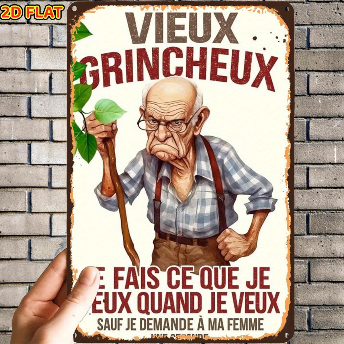 TEMU Plat 2D, Plat 2D, 1 pièce, Impression d'art sur plaque en métal émaillé vintage "Vieil homme grincheux", Trous pré-percés, Convient pour la