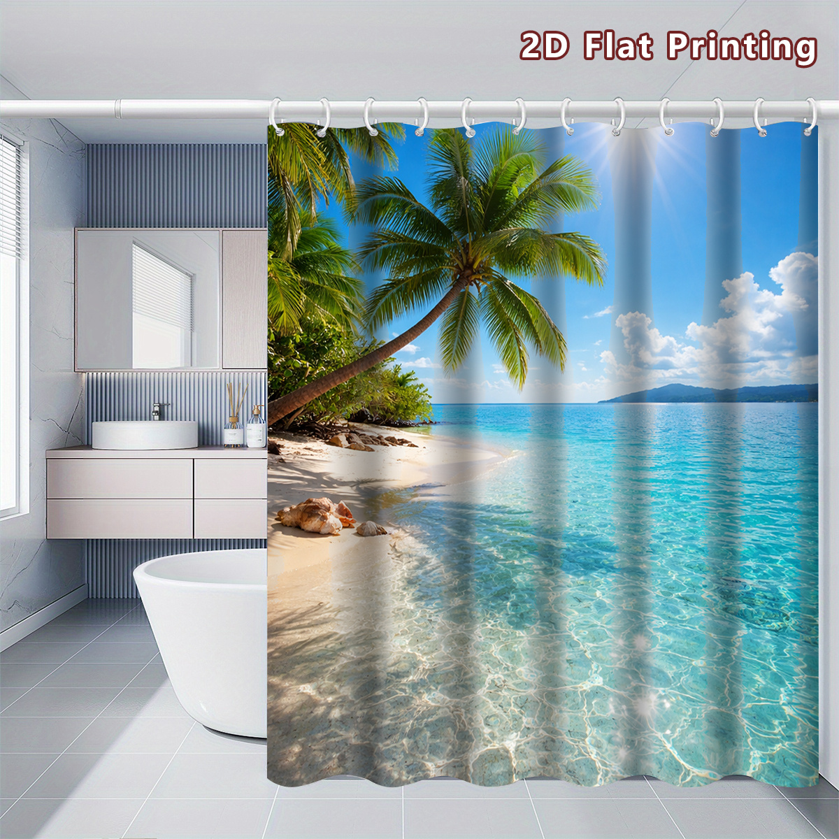 TEMU 1pc Tropical Beach Scene Shower Curtain, Bathroom Decor, Options (120x180cm, 150x180cm, 180x180cm, 180x200cm, 240x200cm), Includes Hooks,