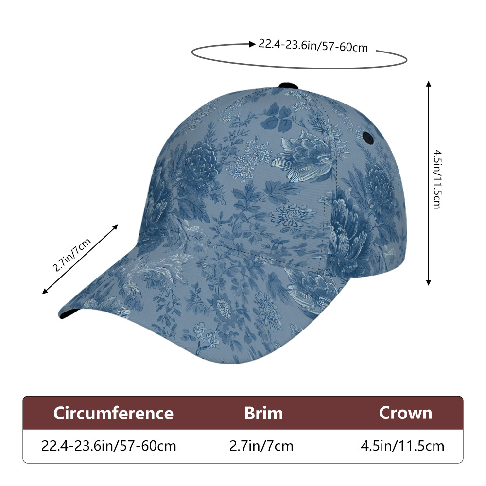 TEMU 1 pièce, Casquette de baseball snapback intégrale en polyester avec illustration florale bleue imprimée et design . pour , et la mode de rue