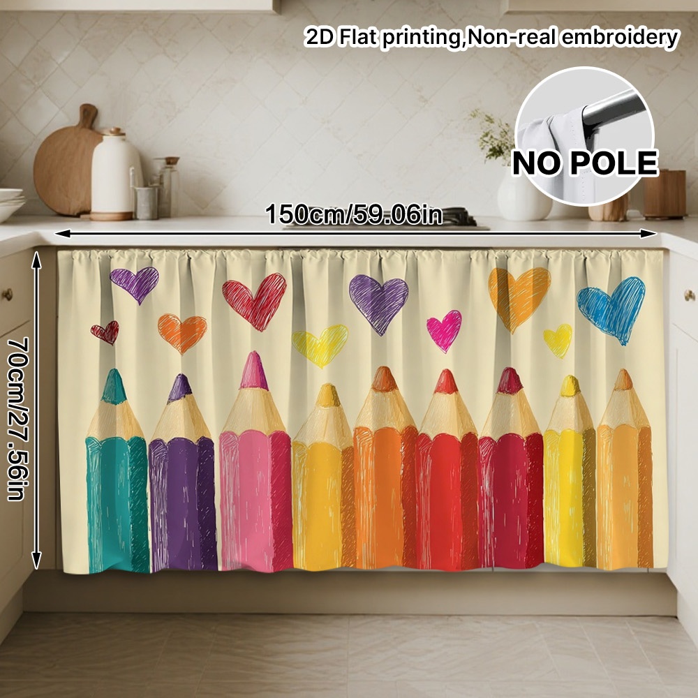 TEMU 2d Flat, 1pc 1pcs Pencil & Hearts Window Curtain Panel - Semi-sheer Rod Suitable For Kitchen,, Room Decor, Machine Washable Polyester Panel With